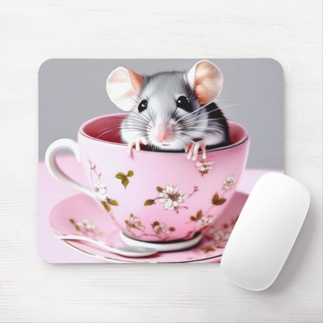 Grey Mouse In Teacup Mouse Mat (With Mouse)