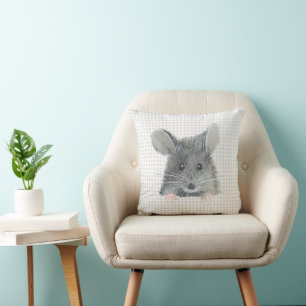 Grey Mouse on Gingham Cushion