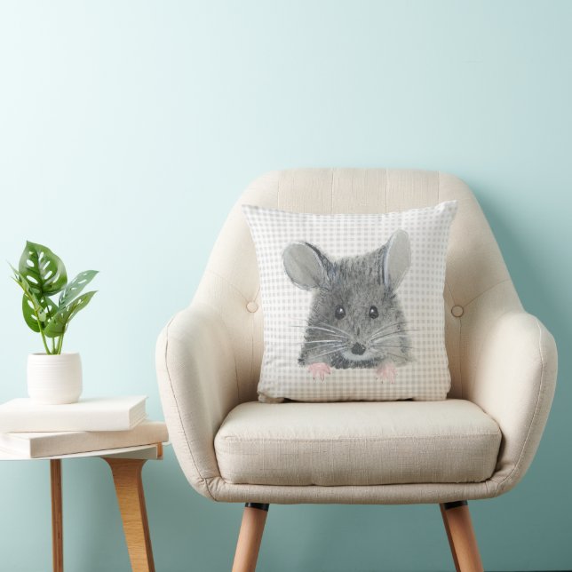 Grey Mouse on Gingham Cushion (Chair)