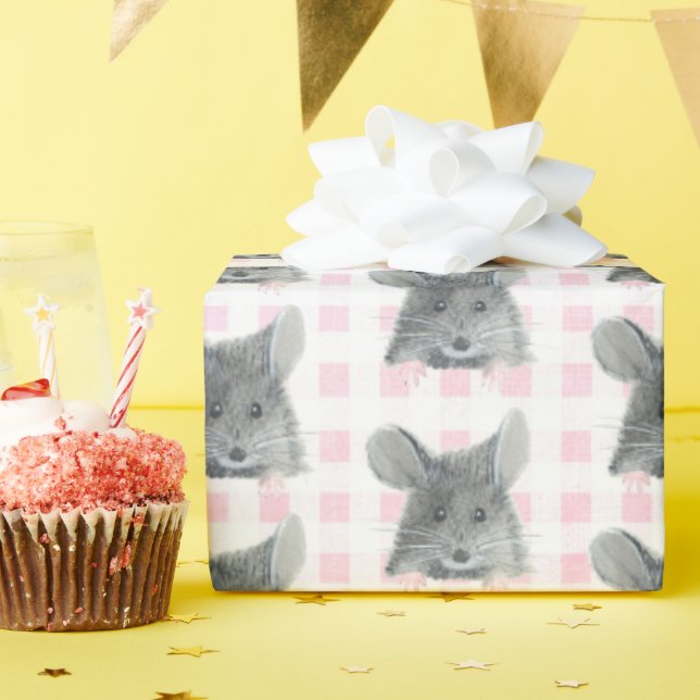 Grey Mouse on Gingham Wrapping Paper (Birthday Party)