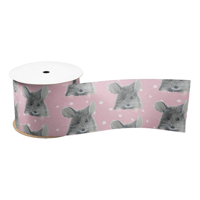 Grey Mouse on Polka Dots  Satin Ribbon (Spool)