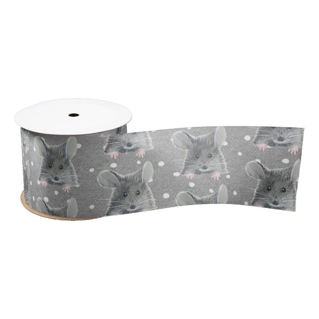 Grey Mouse on Polka Dots Satin Ribbon (Spool)