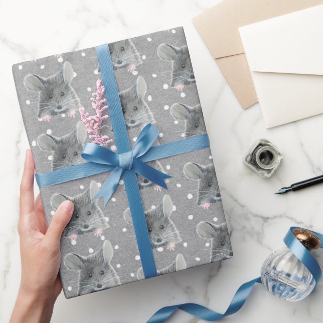 Grey Mouse on Polka Dots  Wrapping Paper (Gifting)