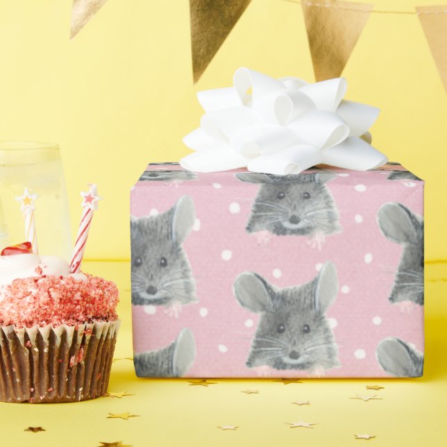 Grey Mouse on Polka Dots Wrapping Paper (Birthday Party)