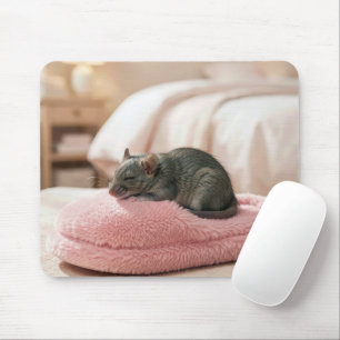 Grey Mouse Sleeping on a Pink Slipper Mat