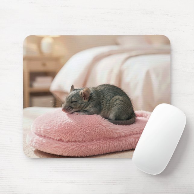 Grey Mouse Sleeping on a Pink Slipper Mat (With Mouse)