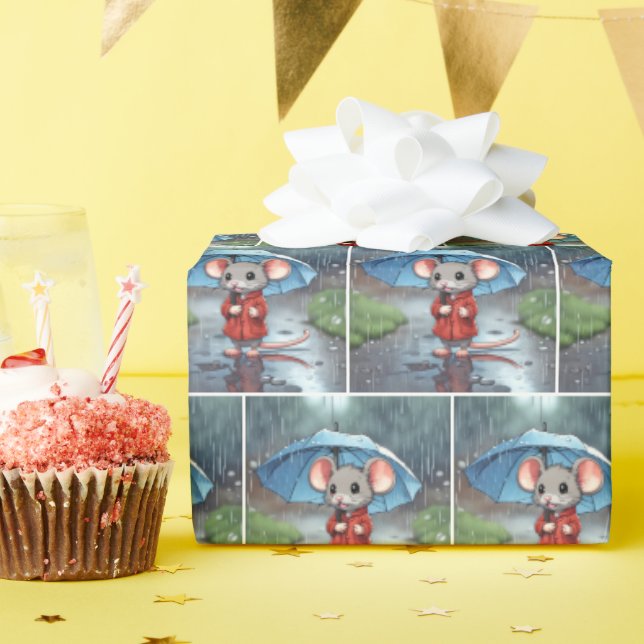 Grey Mouse Under Umbrella Wrapping Paper (Birthday Party)