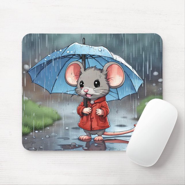 Grey Mouse With Umbrella In Rain Mat (With Mouse)