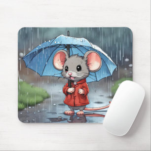 Grey Mouse With Umbrella In Rain Mouse Mat