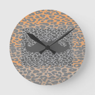 Grey Moustache and Leopard Print Round Clock