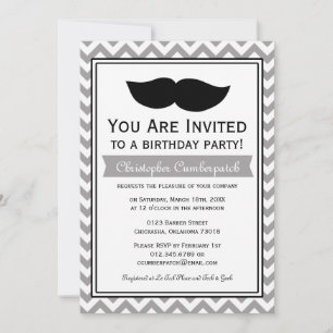Grey Moustache Chevron Birthday Party Invitation