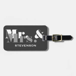 Grey Mr and Mrs travel luggage tag for newlyweds