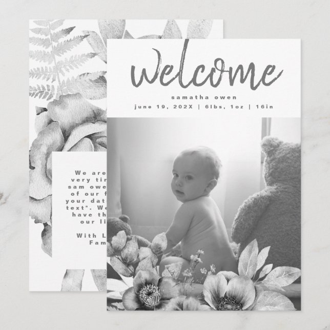 Grey Muted Botanical Dried Florals Neutral Baby Announcement (Front/Back)