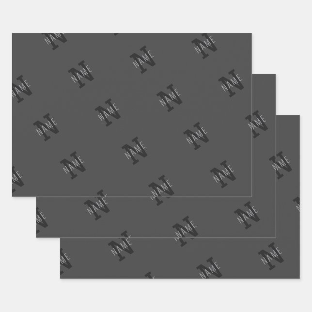 Grey Name & Monogram Pattern Wrapping Paper Sheet (Set)