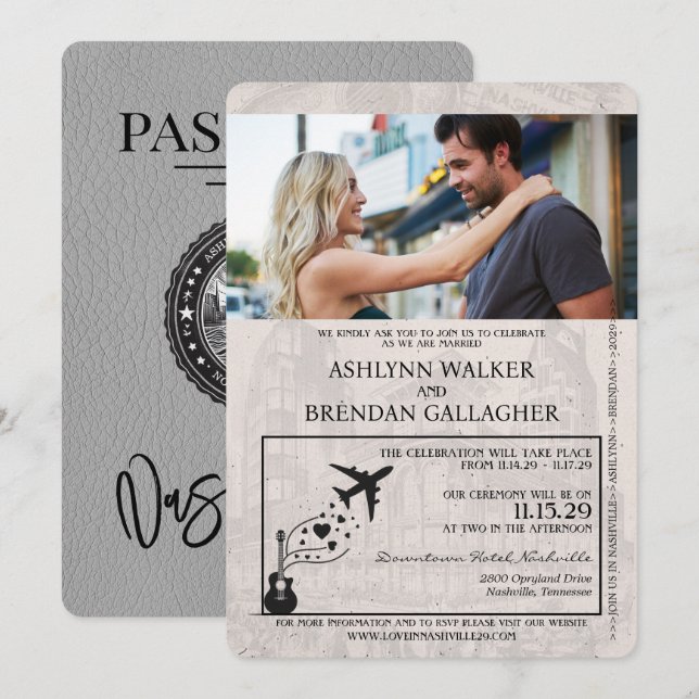 Grey Nashville Passport Wedding Invitation (Front/Back)