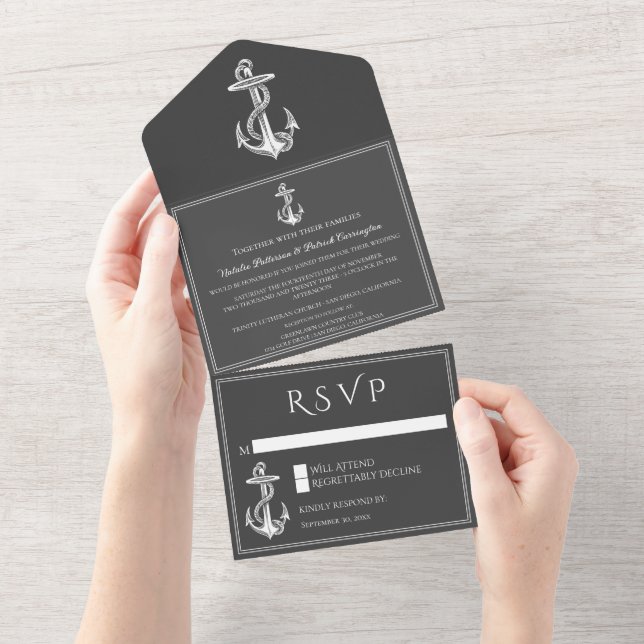 Grey Nautical Anchor All in One Wedding Invite (Tearaway)