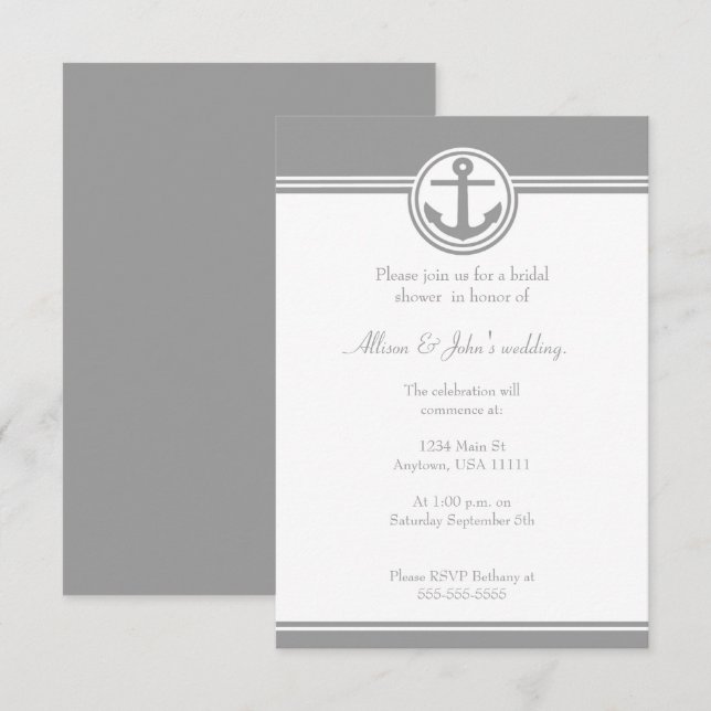 Grey Nautical Anchor Bridal Shower Invitation (Front/Back)