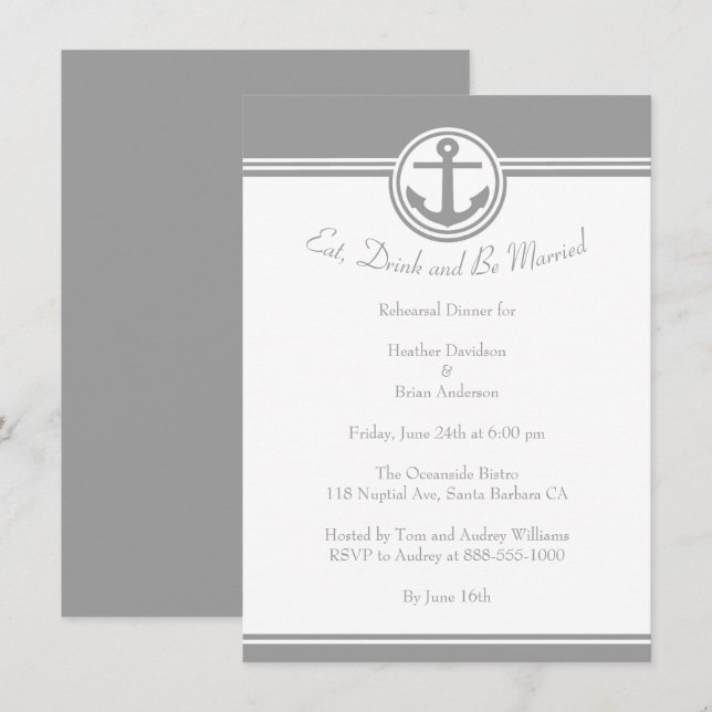 Grey Nautical Anchor Rehearsal Dinner Invite (Front/Back)