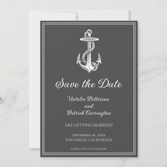 Grey Nautical Anchor Save the Date Invite (Front)