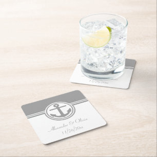 Grey Nautical Anchor Square Paper Coaster