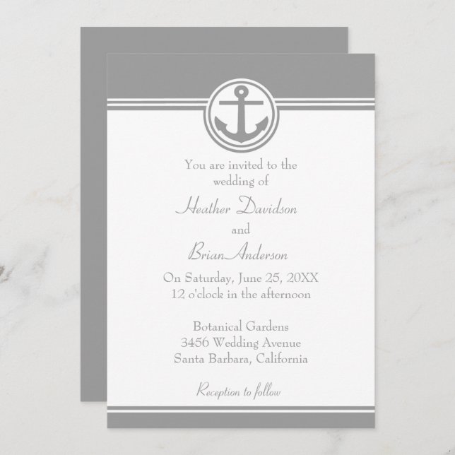 Grey Nautical Anchor Wedding Invitation (Front/Back)