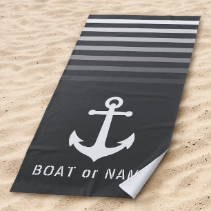 Grey Nautical Vintage Anchor Your Name or Boat Beach Towel
