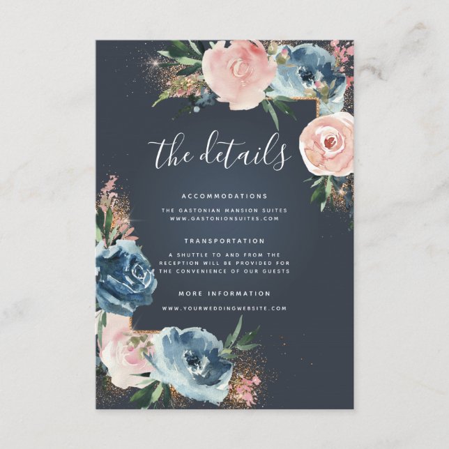 Grey, Navy Blue and Blush Floral Boho Glitter Enclosure Card (Front)