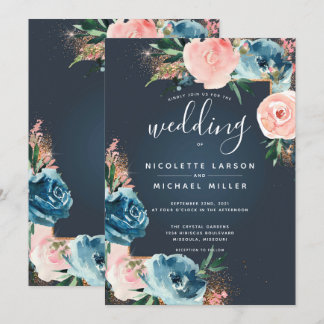 Grey, Navy Blue and Blush Floral Gold Glitter Invitation