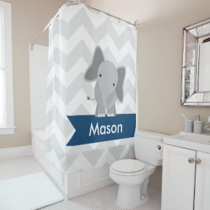 Grey Navy Blue Chevron Elephant Kids Personalised Shower Curtain