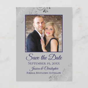 Grey & Navy Blue Lacy Wedding Save the Date Photo Announcement Postcard