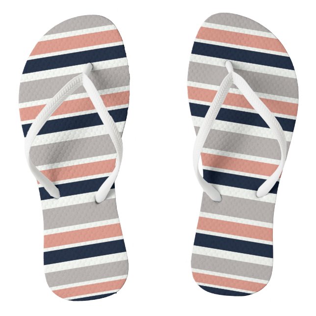 Grey Navy Blue Pink Coastal Stripes  Flip Flops (Footbed)