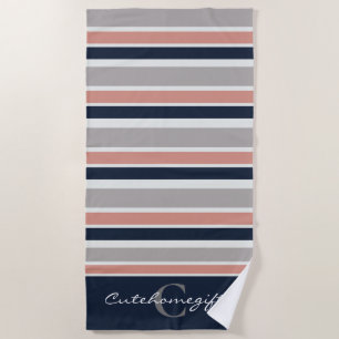 Grey Navy Blue Pink Coastal Stripes Monogram Beach Towel