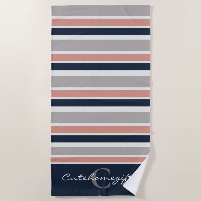Grey Navy Blue Pink Coastal Stripes Monogram Beach Towel (Front)
