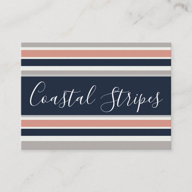 Grey Navy Blue Pink Coastal Stripes Pattern Business Card (Front)