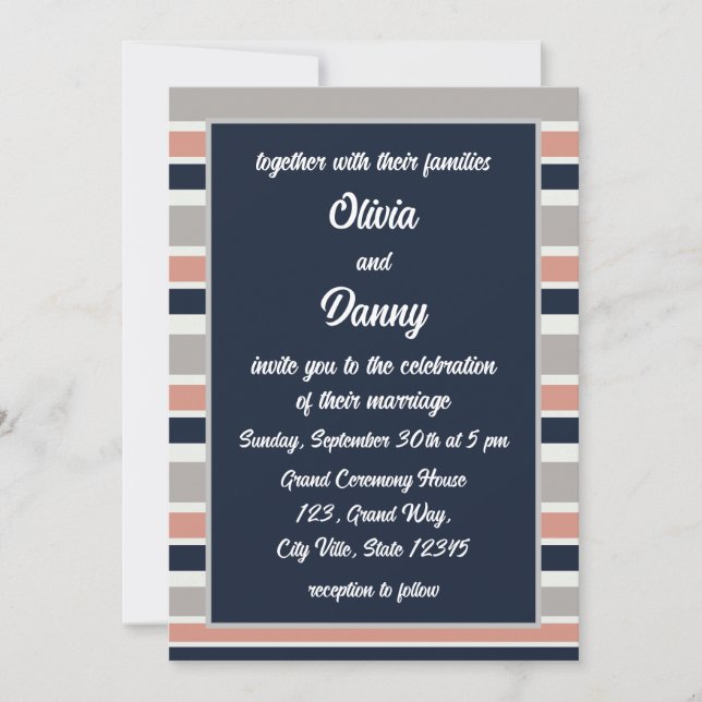 Grey Navy Blue Pink Coastal Stripes Wedding Invitation (Front)