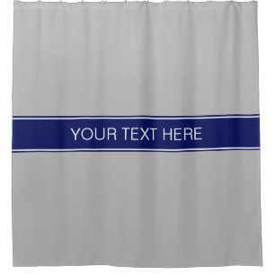 Grey Navy Blue Ribbon Name Monogram Shower Curtain