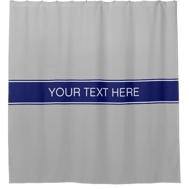 Grey Navy Blue Ribbon Name Monogram Shower Curtain (Front)