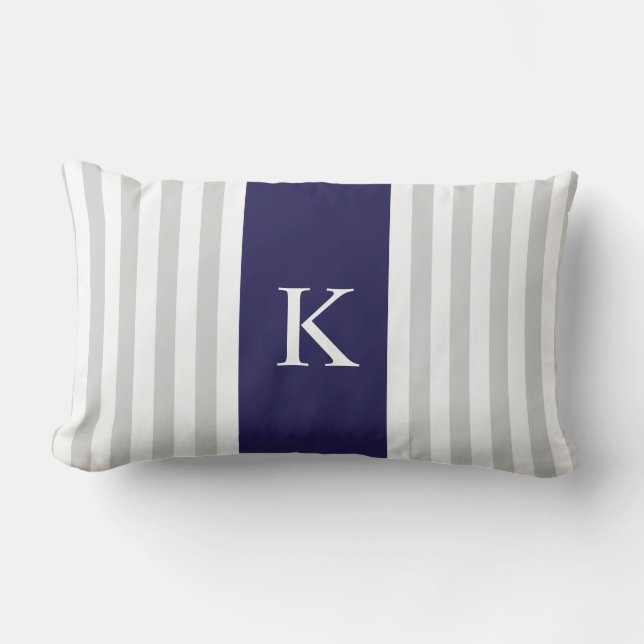 Grey Navy Blue Stripes Monogram Lumbar Cushion (Front)