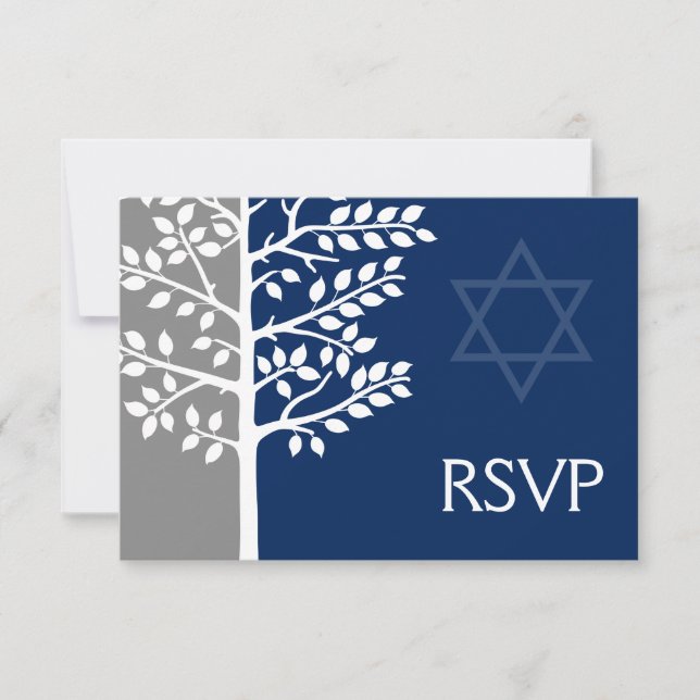Grey Navy Blue Tree of Life Bar Mitzvah RSVP (Front)