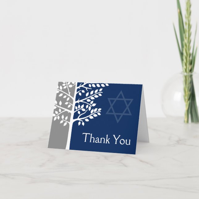 Grey Navy Blue Tree of Life Bar Mitzvah Thank You (Front)