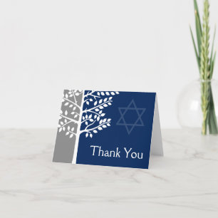 Grey Navy Blue Tree of Life Bar Mitzvah Thank You Card