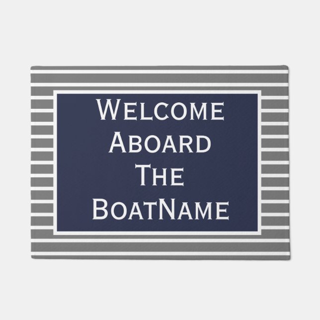 Grey & Navy Blue Welcome Aboard Boat Doormat (Front)