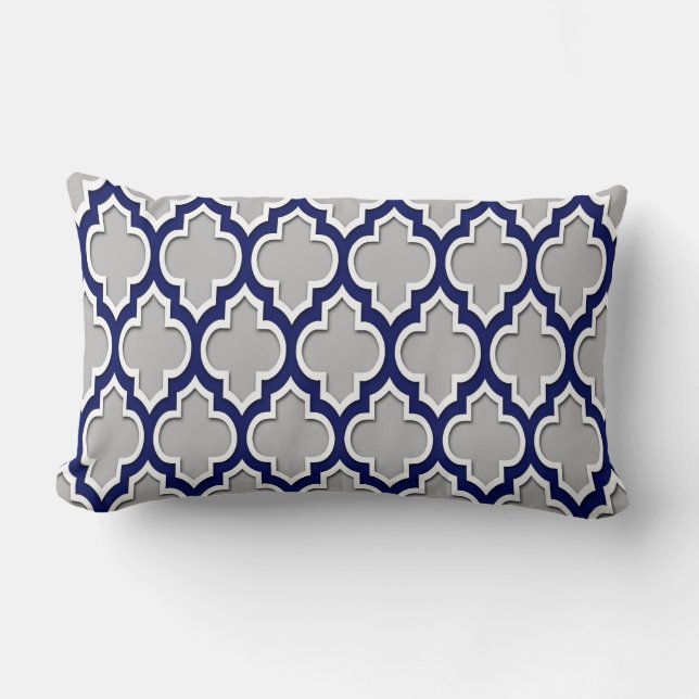 Grey, Navy Blue White Moroccan Quatrefoil #4DS Lumbar Cushion (Front)