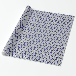 Grey, Navy Blue White Moroccan Quatrefoil #4DS Wrapping Paper