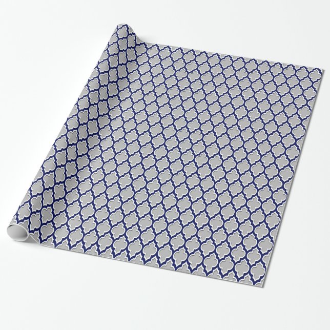 Grey, Navy Blue White Moroccan Quatrefoil #4DS Wrapping Paper (Unrolled)