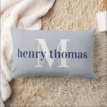 Grey & Navy | Name and Monogram Nursery Lumbar Cushion<br><div class="desc">Personalise this blue-grey and navy pillow with baby's name and monogram for a perfect addition to his nursery. Light grey-blue pillow features baby's name in rich navy blue,  overlaid on a single initial monogram in white. Add her birth date or a custom message to the back.</div>