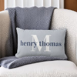 Grey & Navy | Name and Monogram Nursery Lumbar Cushion<br><div class="desc">Personalise this blue-grey and navy pillow with baby's name and monogram for a perfect addition to his nursery. Light grey-blue pillow features baby's name in rich navy blue,  overlaid on a single initial monogram in white. Add her birth date or a custom message to the back.</div>