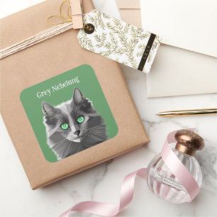 Grey Nebelung Cat with Custom Words Square Sticker