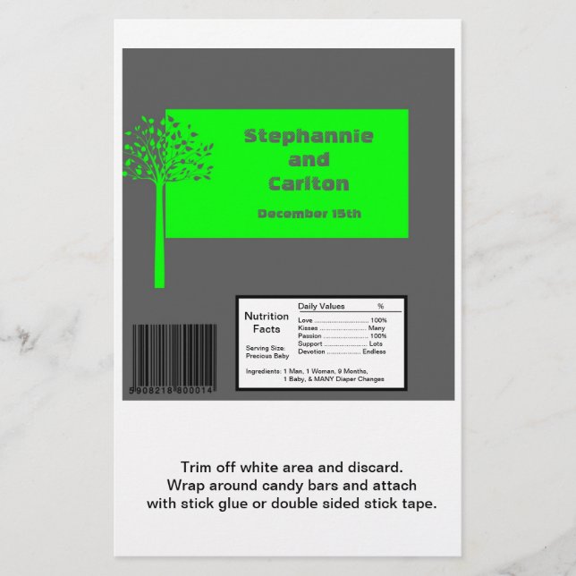 Grey/Neon Green Tree Wedding Large Candy Wrapper (Front)