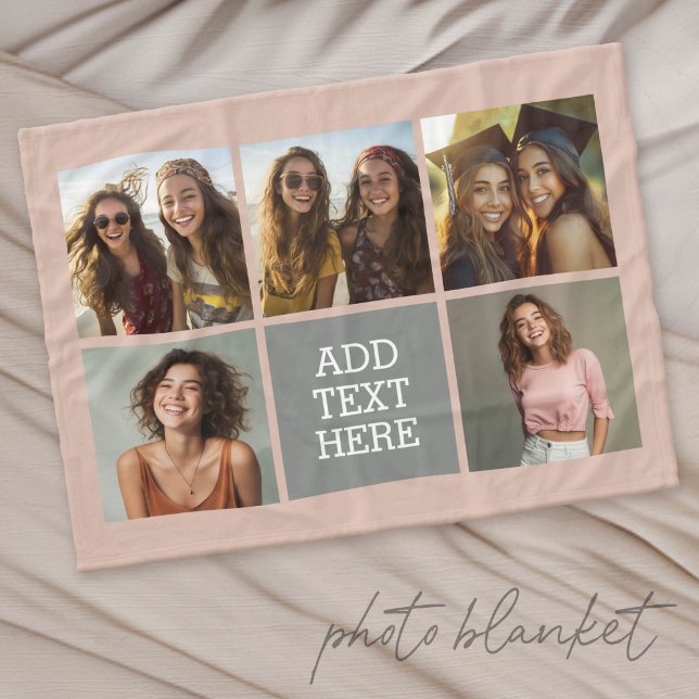 Grey Neutral 5 Photo Collage with Text Fleece Blanket (Custom Fleece Photo Blanket)